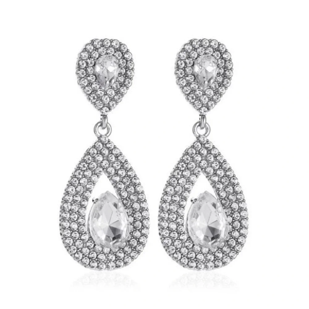 Silver Rhinestone Tear Drop Earrings - Picture 1 of 3